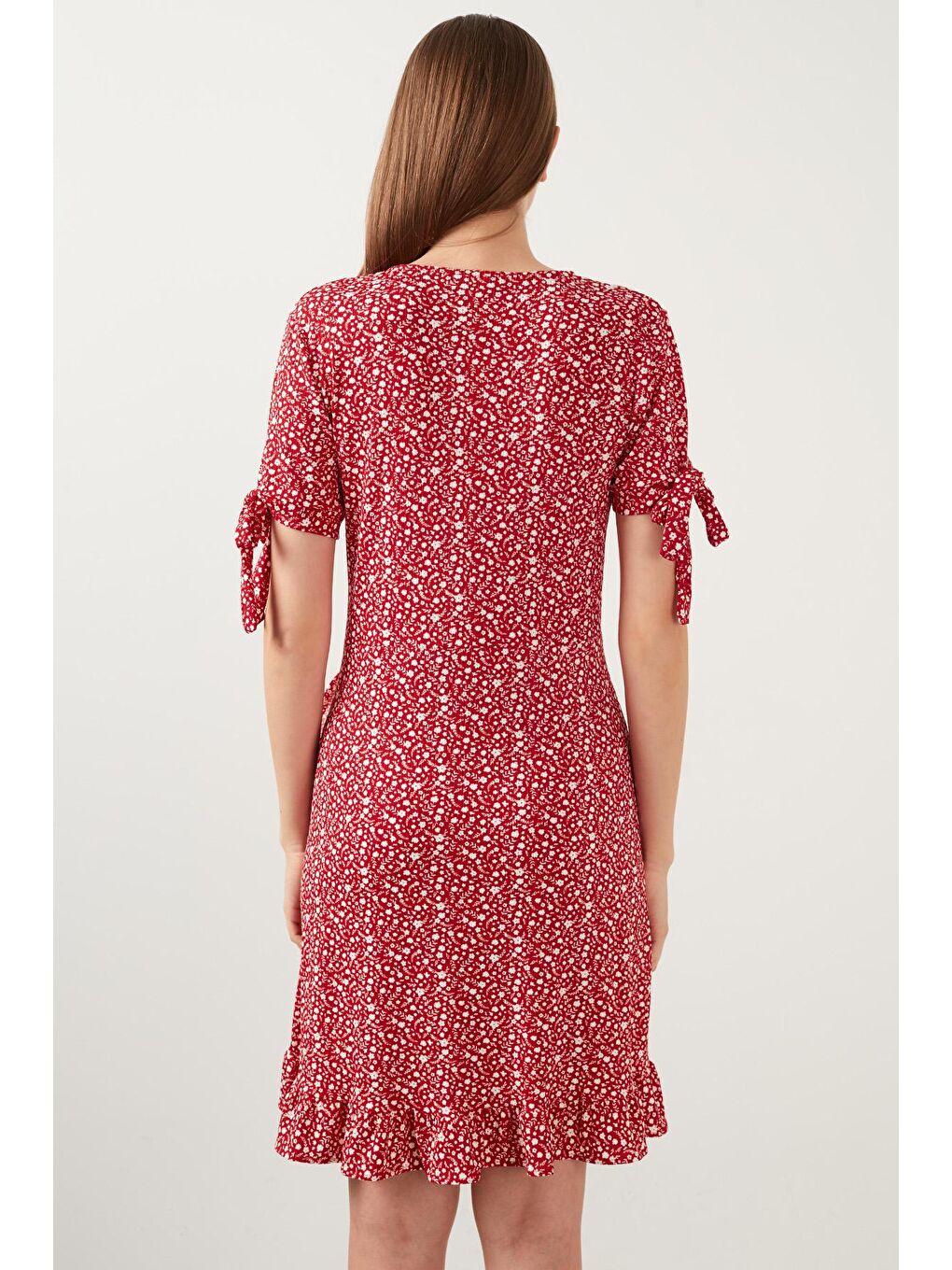 Kırmızı Dar Kesim Kruvaze Yaka Fırfır Detaylı Mini Elbise 5863719-3