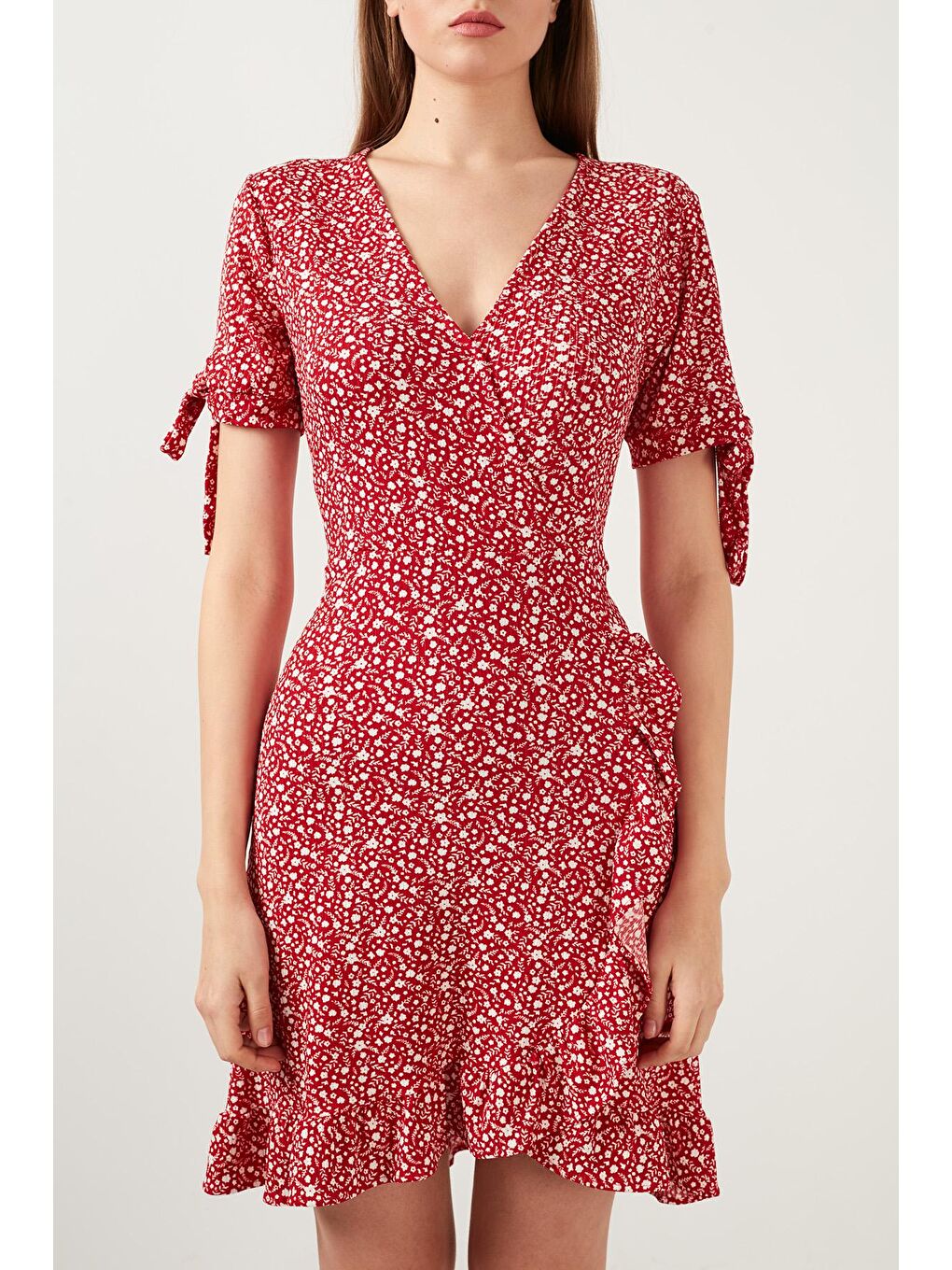 Kırmızı Dar Kesim Kruvaze Yaka Fırfır Detaylı Mini Elbise 5863719-4