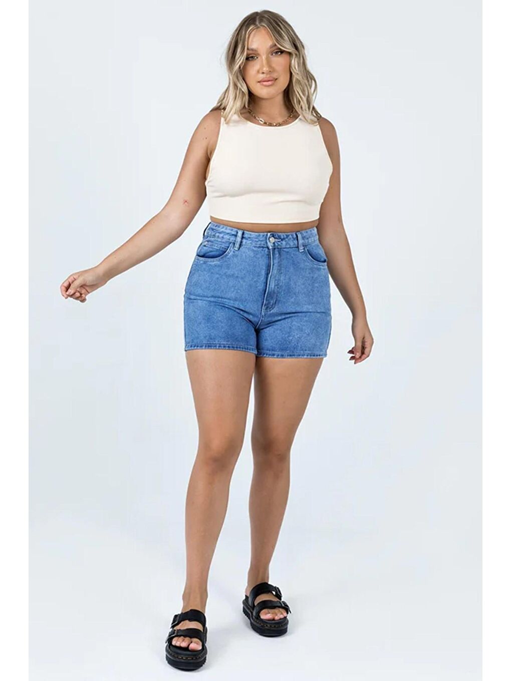 Mavi Yüksek Bel Geniş Kesim Jean Şort Mg1748-3