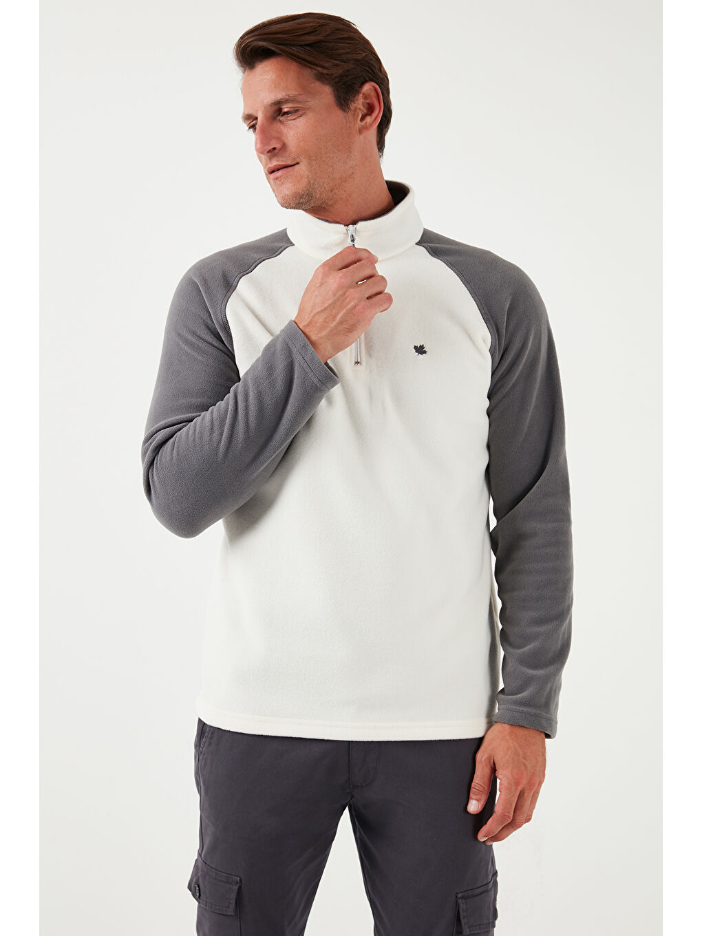 Ekru Slim Fit Yarım Fermuarlı Kışlık Şardonlu Erkek Polar 5906055-6