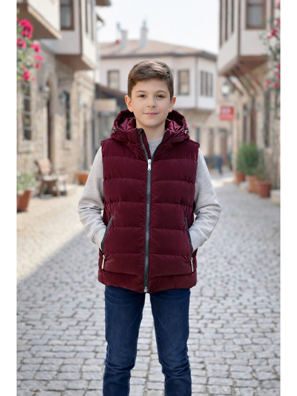 Bordo Erkek Çocuk Kapüşonlu Şişme Yelek-2