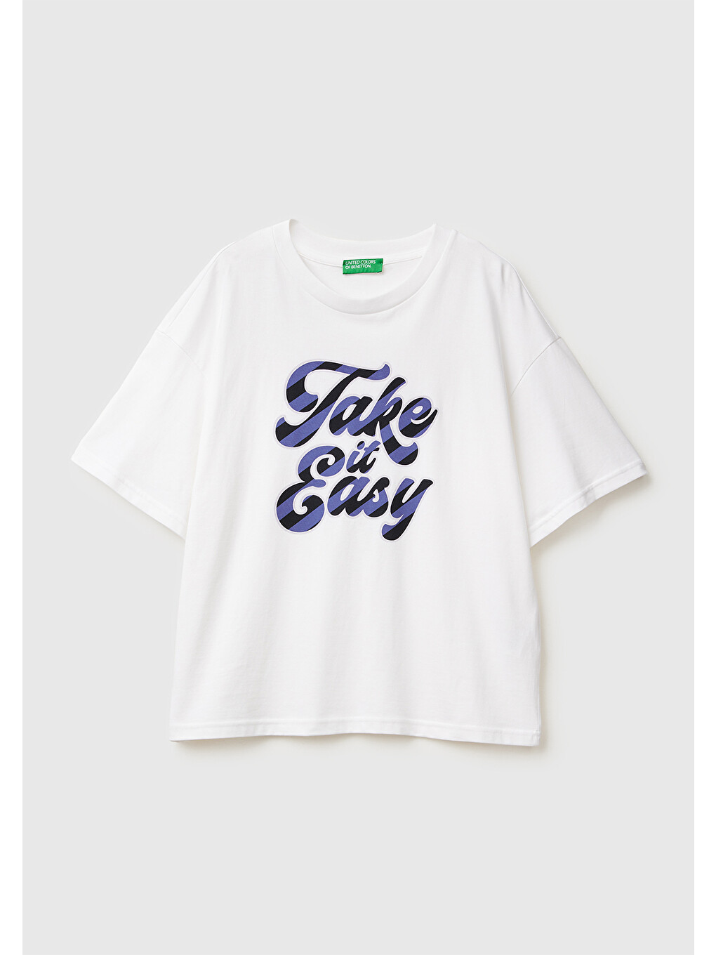 Kadın Beyaz-mavi Yazılı %100 Pamuk Önü Yazı Baskılı Bisiklet Yaka T-shirt-1