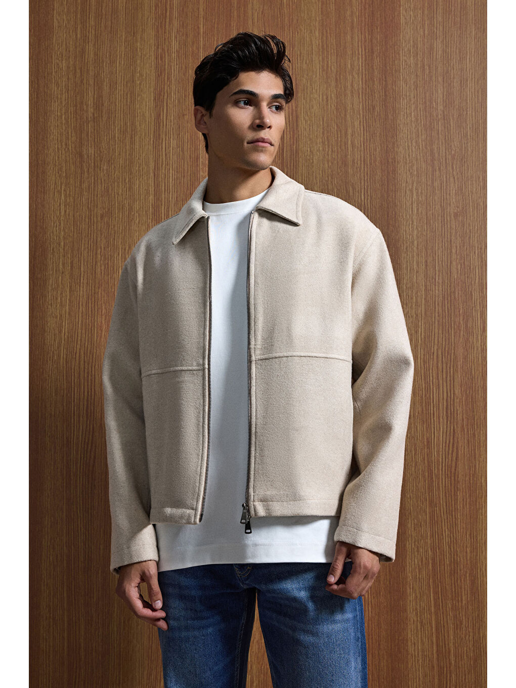 Erkek Relax Fit Premium Kaşe Mont Kaban Bej