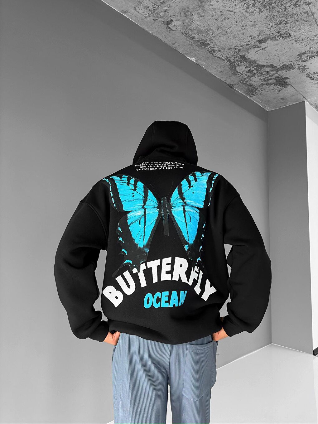 ablukaonline Siyah Erkek Oversize Butterfly Baskılı Hoodie Siyah