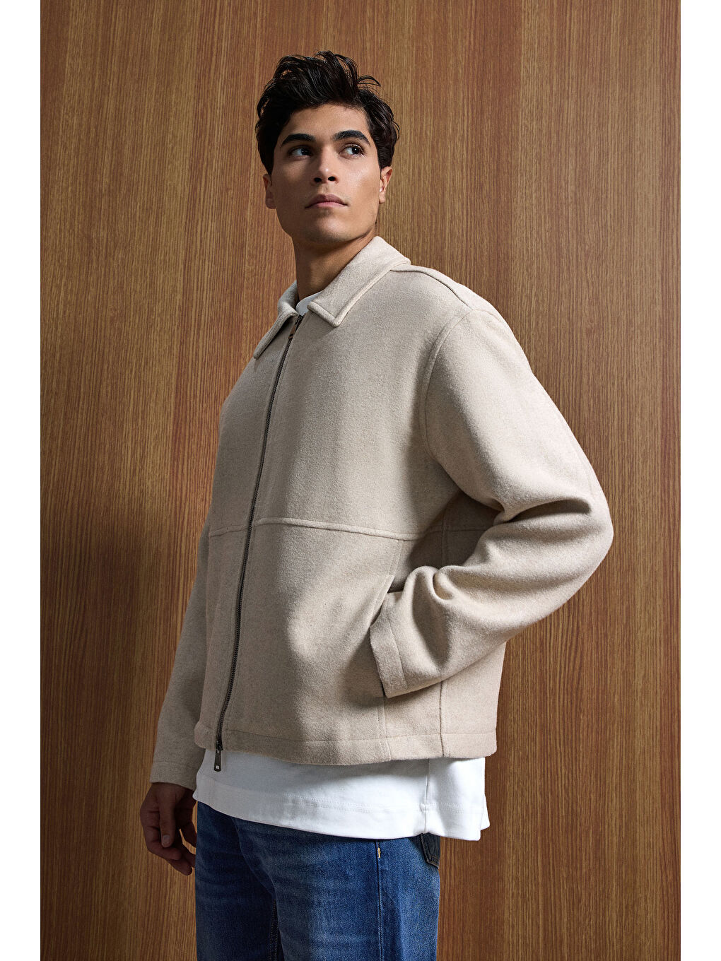 Erkek Relax Fit Premium Kaşe Mont Kaban Bej-2