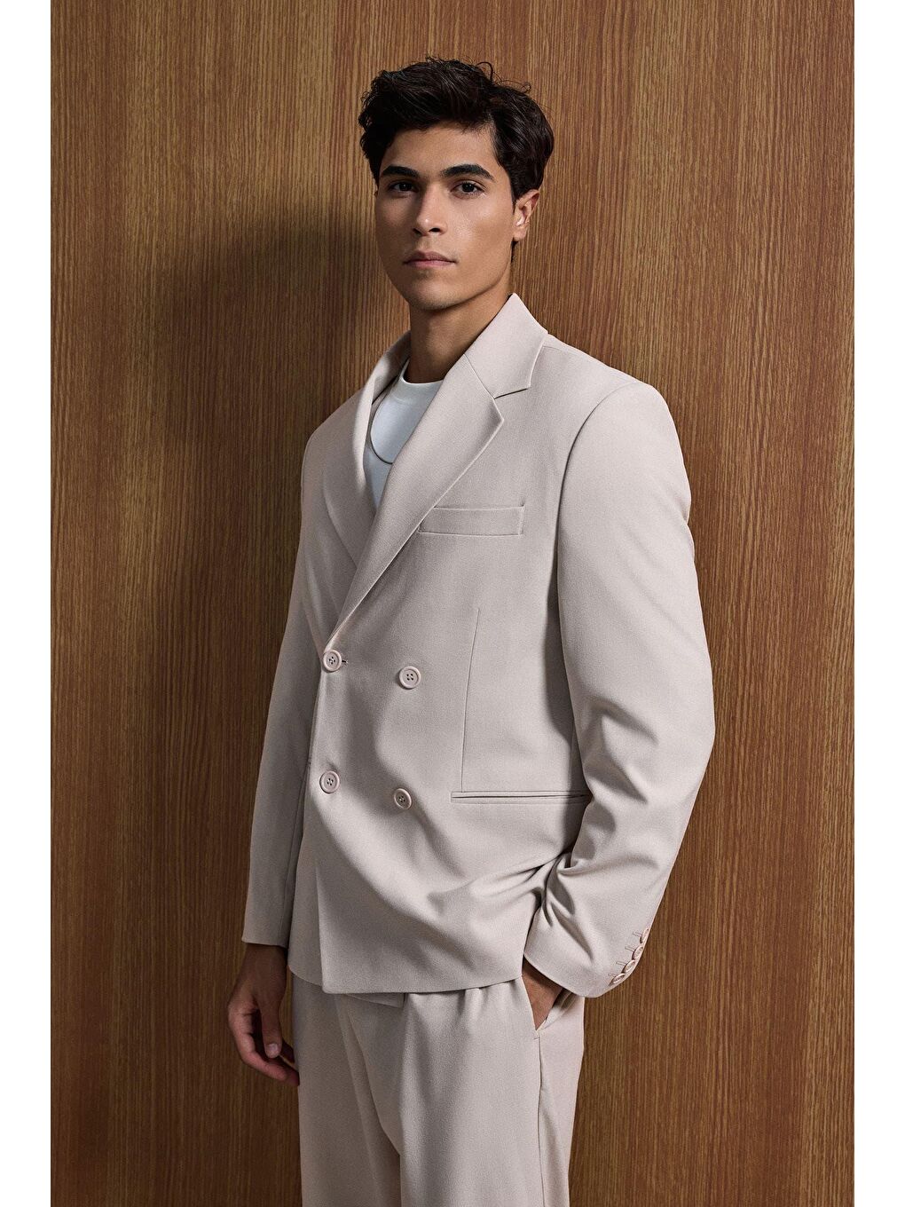 Erkek Oversize Rahat Kalıp Kruvaze Takım Elbise Bej-1
