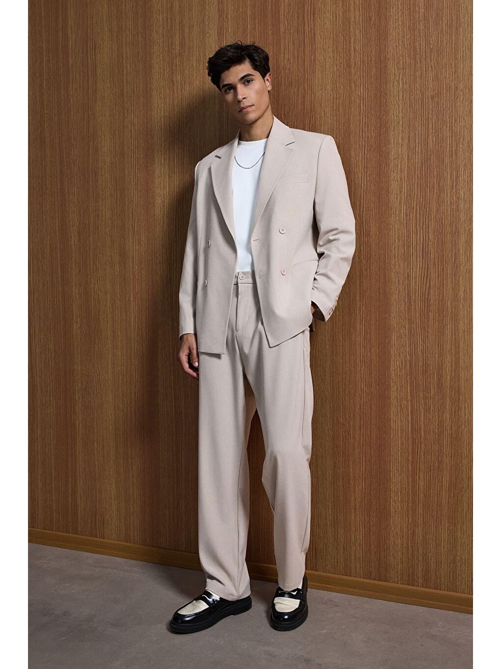 Erkek Oversize Rahat Kalıp Kruvaze Takım Elbise Bej-3