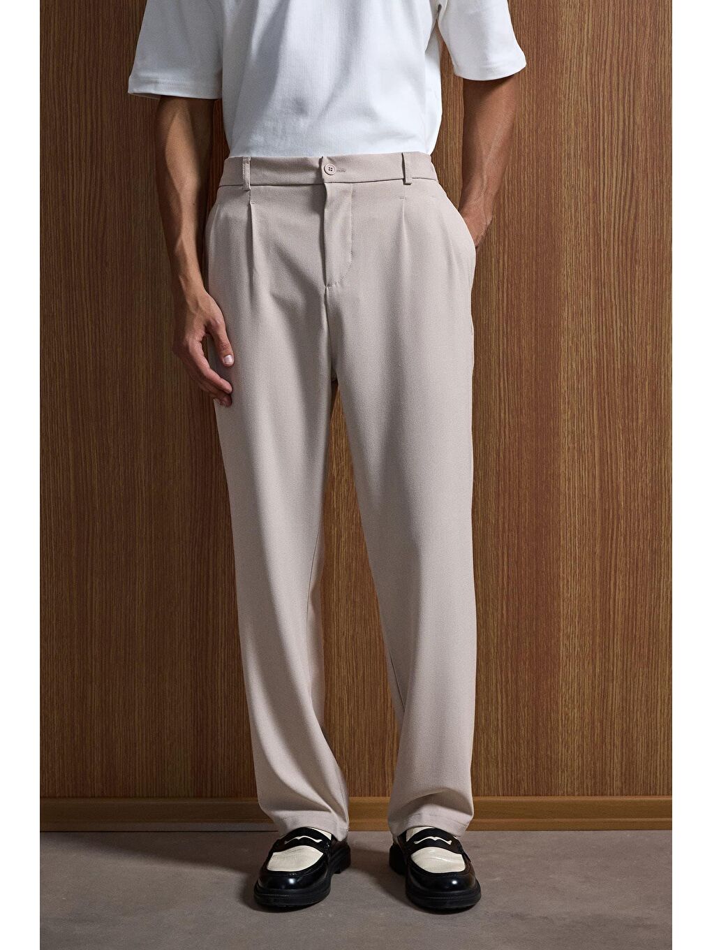 Erkek Oversize Rahat Kalıp Kruvaze Takım Elbise Bej-4