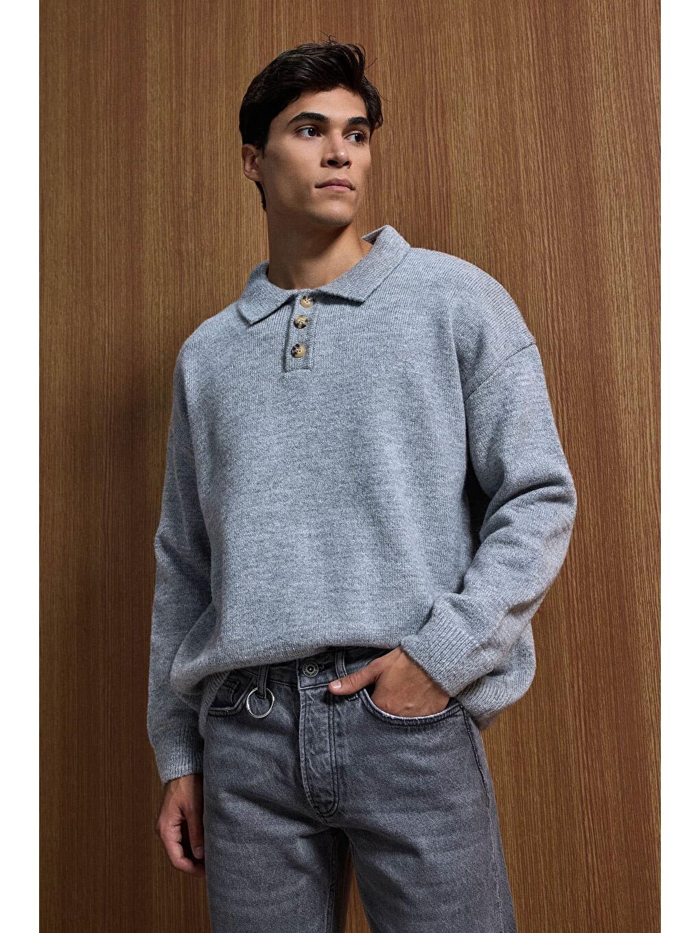 Erkek Oversize Düğmeli Triko Kazak Gri-2