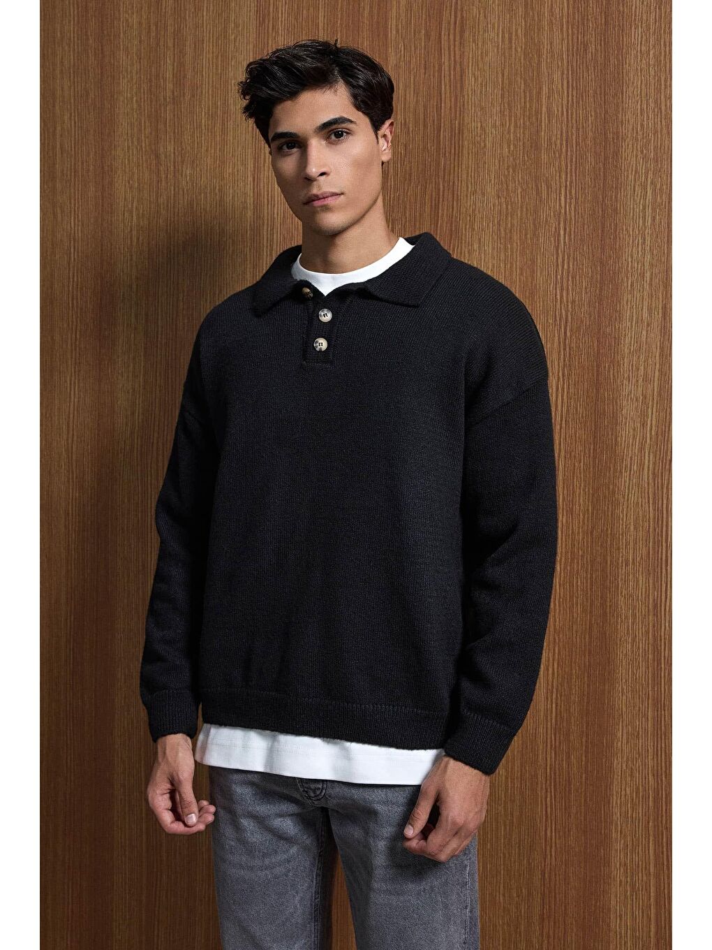 Erkek Oversize Düğmeli Triko Kazak Siyah-4