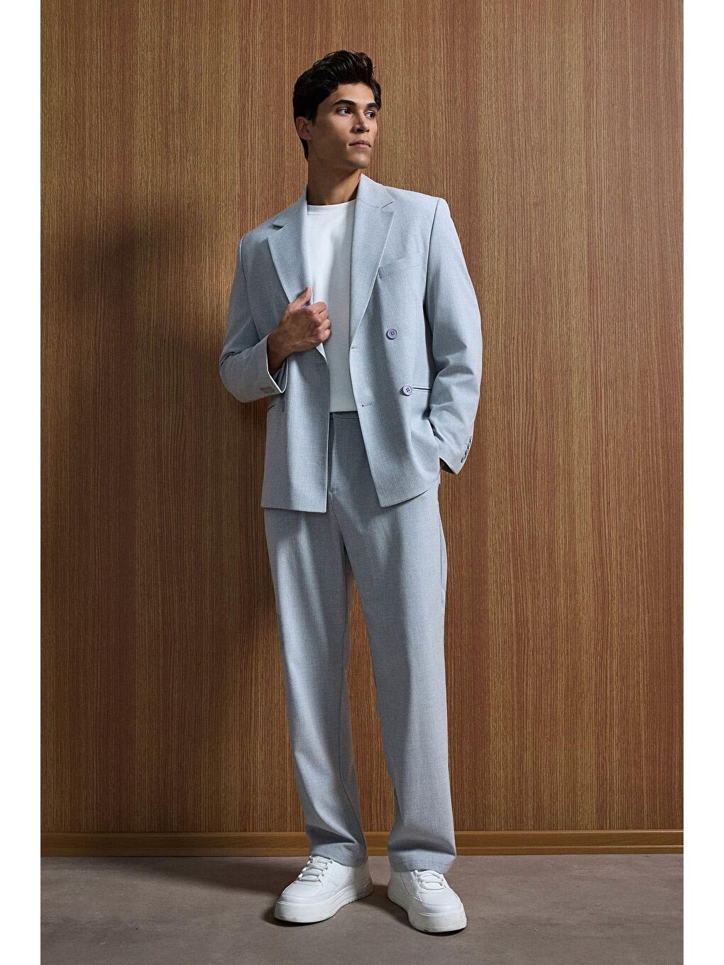 Erkek Oversize Rahat Kalıp Kruvaze Takım Elbise Gri-5