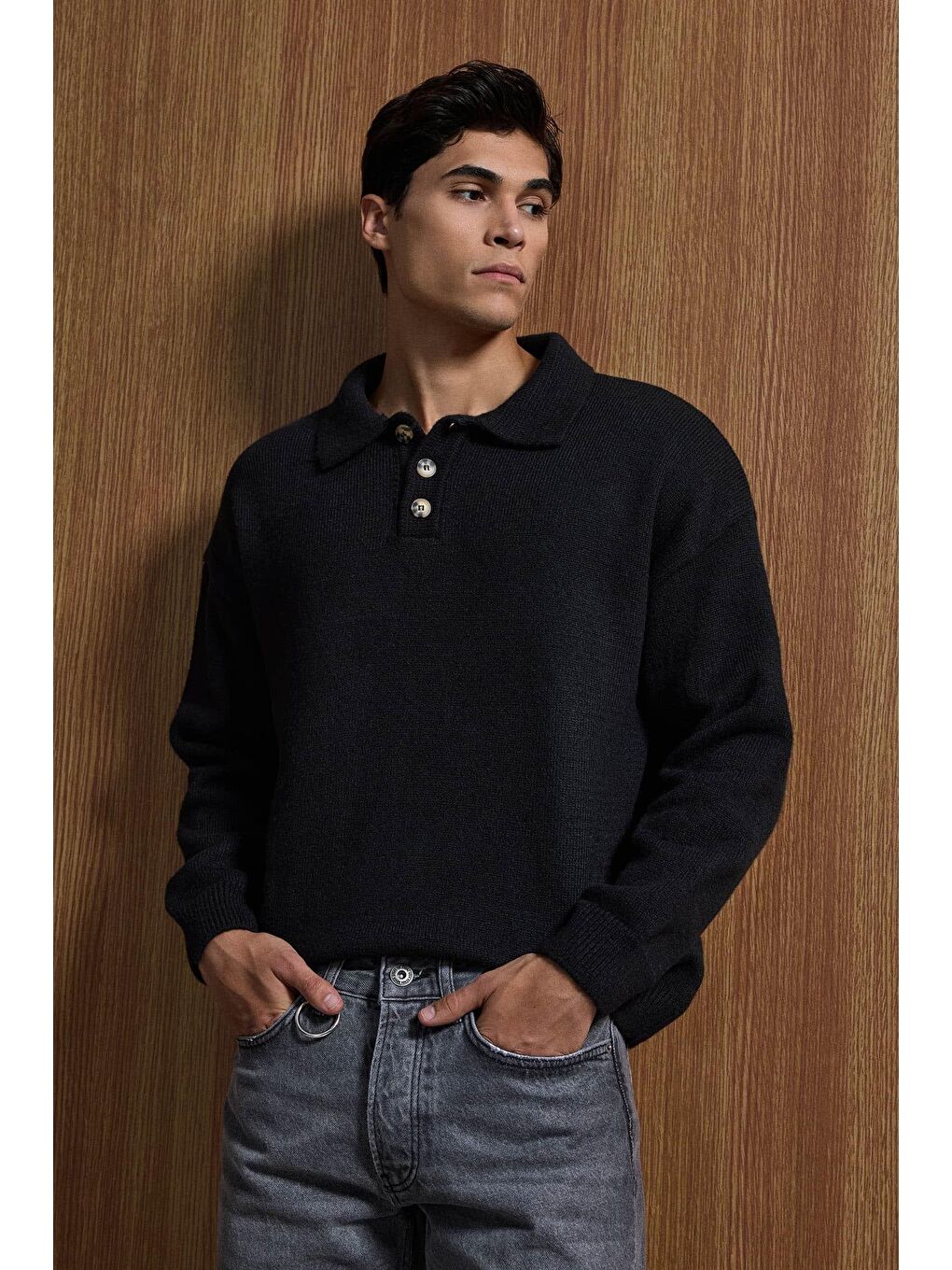 Erkek Oversize Düğmeli Triko Kazak Siyah-5