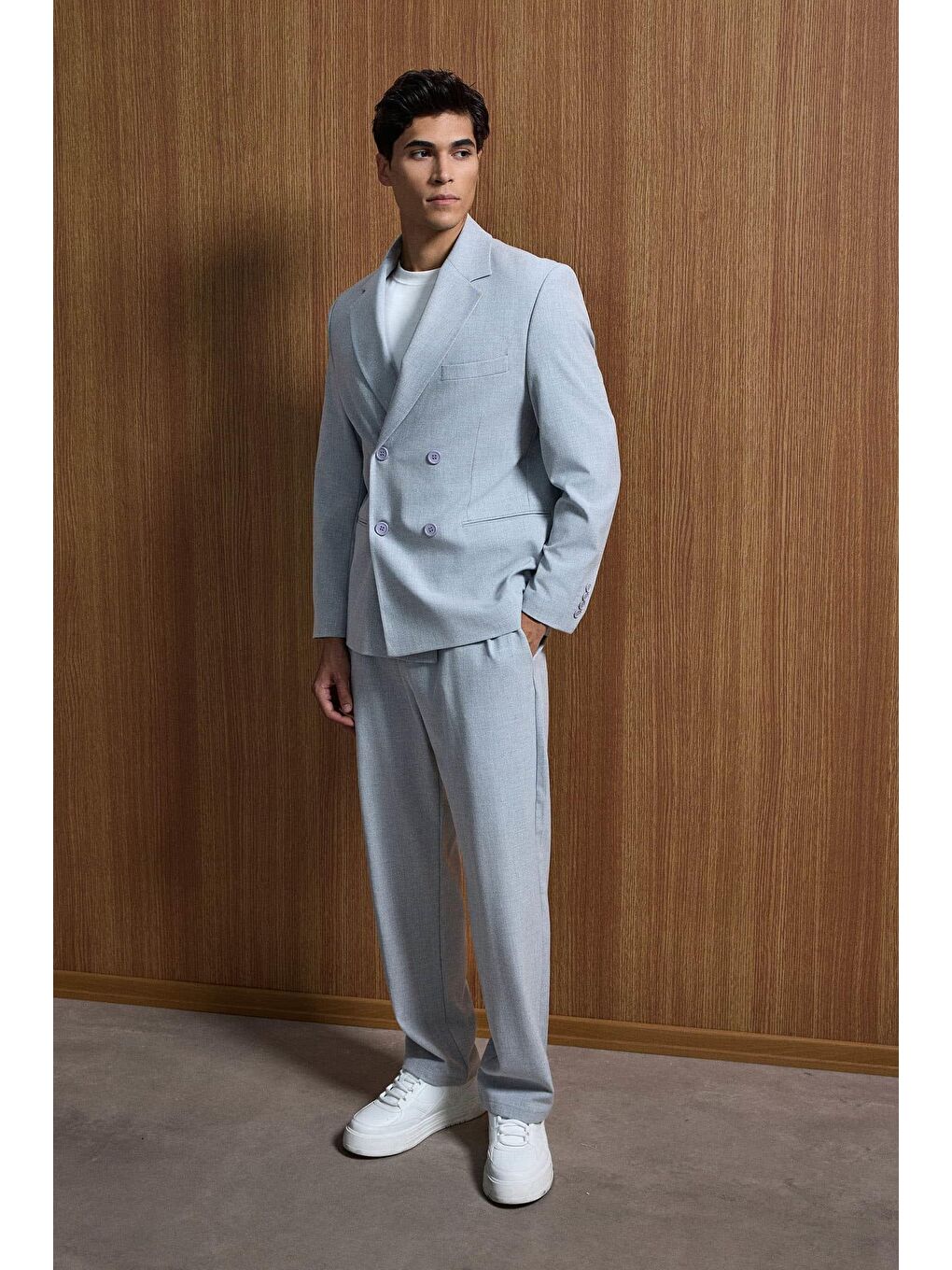 Erkek Oversize Rahat Kalıp Kruvaze Takım Elbise Gri-4