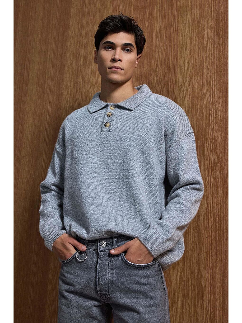 Erkek Oversize Düğmeli Triko Kazak Gri-3