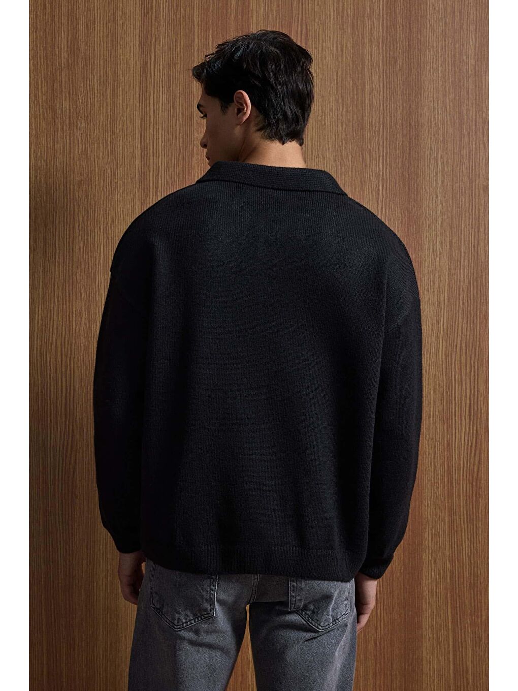 Erkek Oversize Düğmeli Triko Kazak Siyah-6