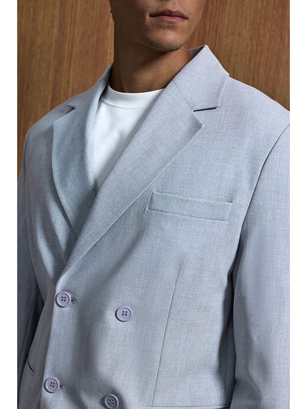 Erkek Oversize Rahat Kalıp Kruvaze Takım Elbise Gri-1