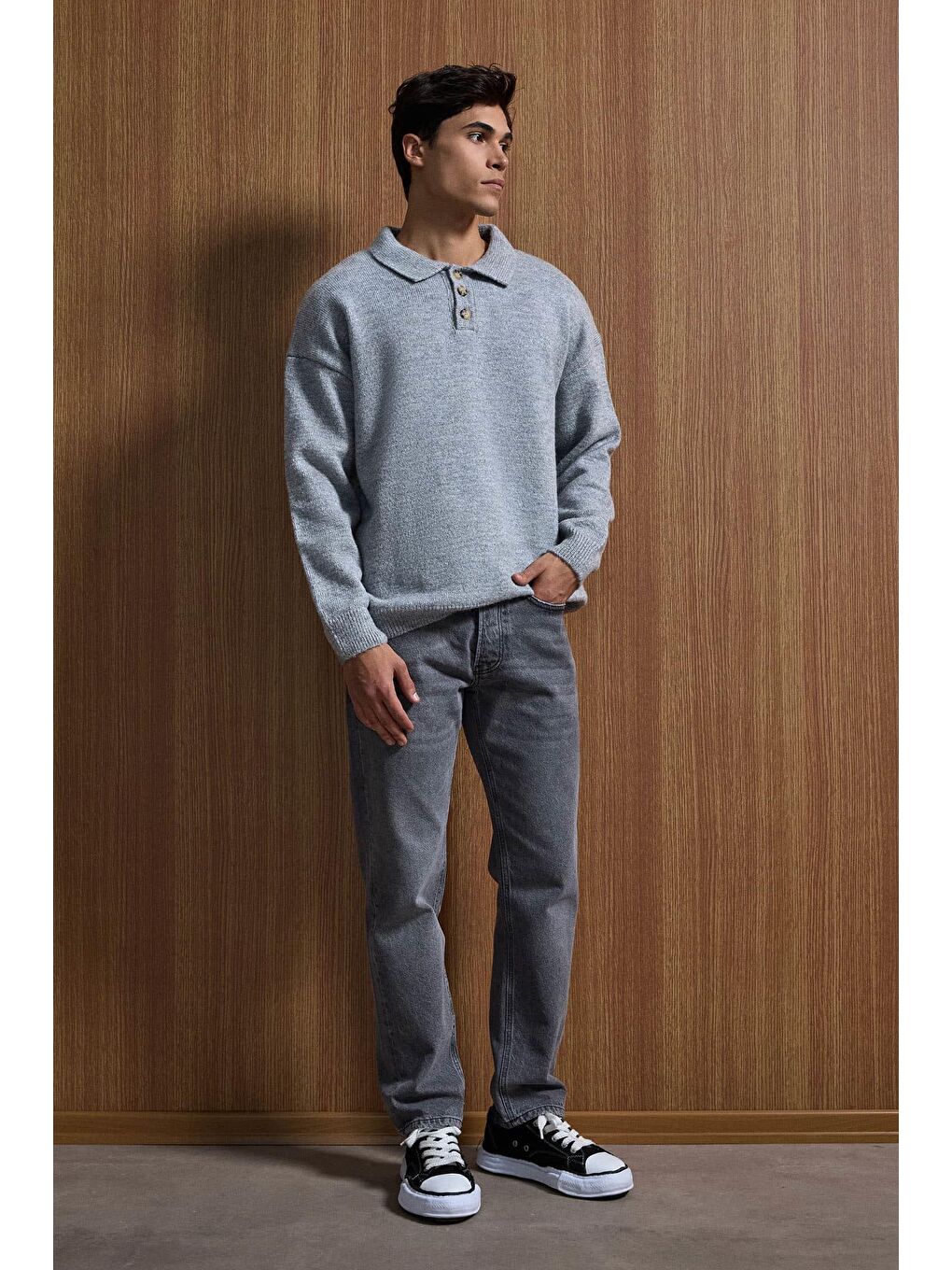 Erkek Oversize Düğmeli Triko Kazak Gri-4