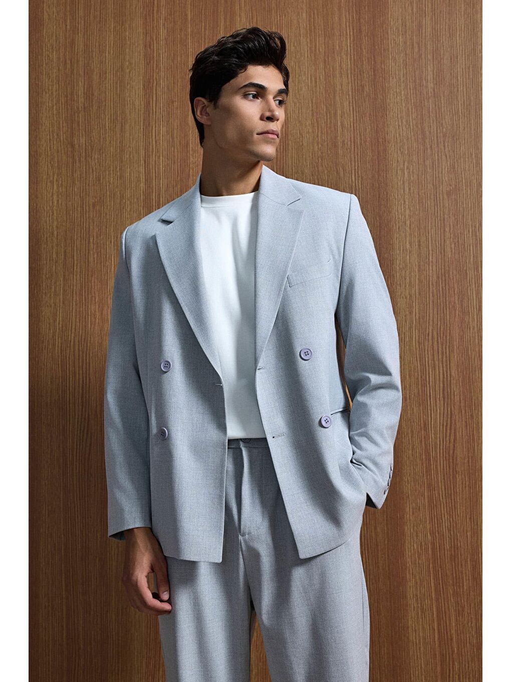 Erkek Oversize Rahat Kalıp Kruvaze Takım Elbise Gri-3