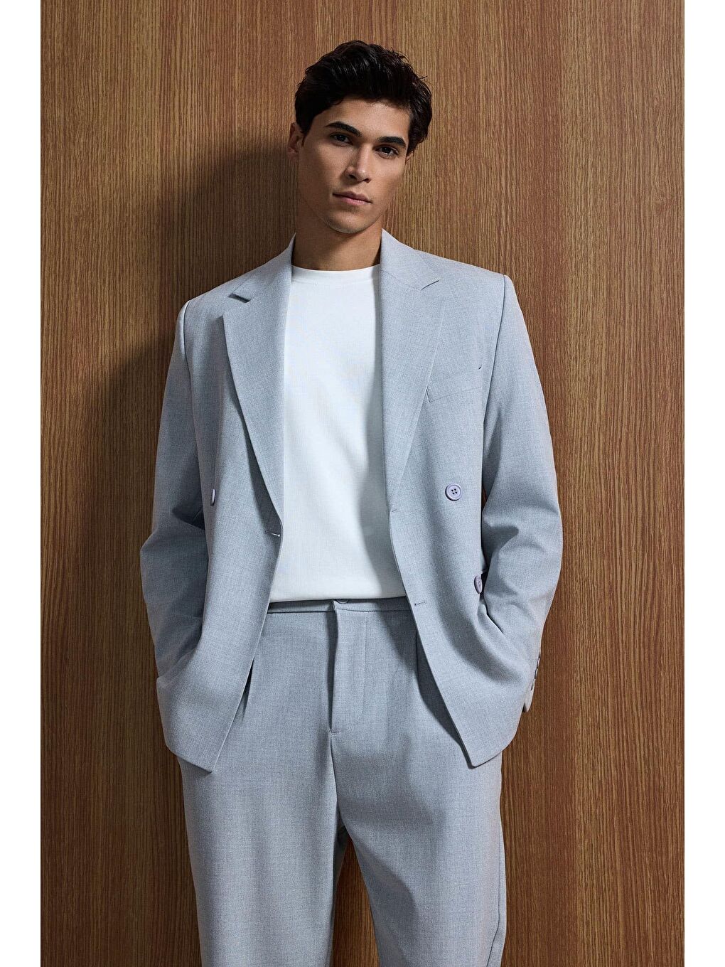 Erkek Oversize Rahat Kalıp Kruvaze Takım Elbise Gri