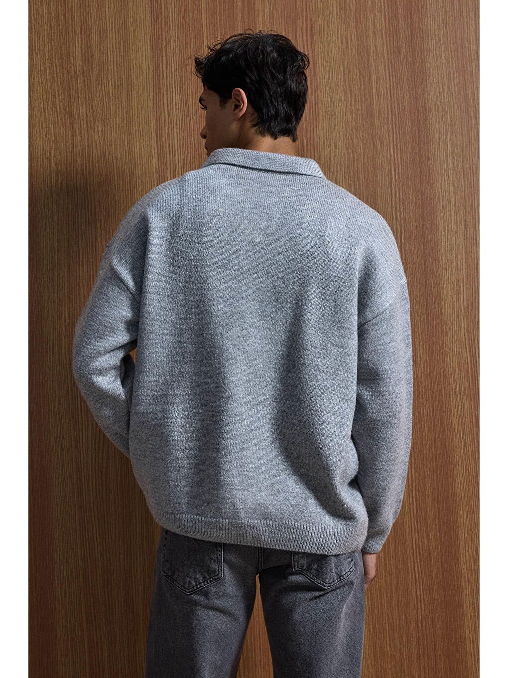 Erkek Oversize Düğmeli Triko Kazak Gri-5