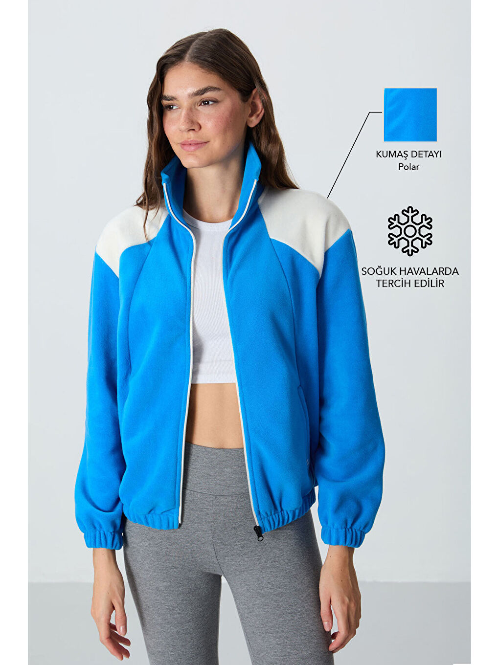 Mavi Saks Kalın Yumuşak Dokulu Dik Yaka Oversize Nakışlı Polar Kadın Sweatshirt - 97293