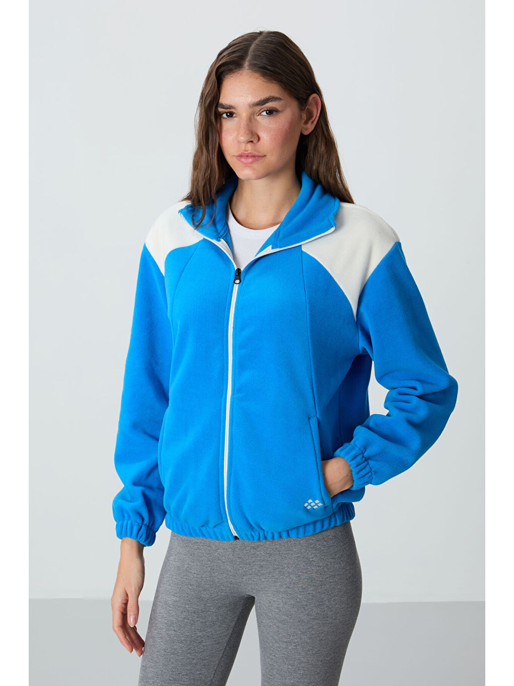 Mavi Saks Kalın Yumuşak Dokulu Dik Yaka Oversize Nakışlı Polar Kadın Sweatshirt - 97293-2