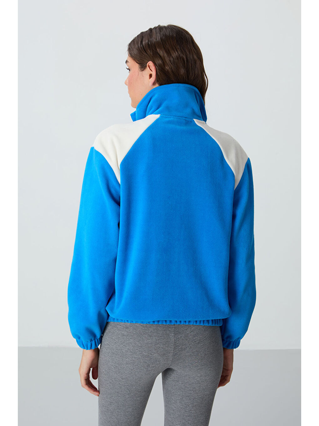 Mavi Saks Kalın Yumuşak Dokulu Dik Yaka Oversize Nakışlı Polar Kadın Sweatshirt - 97293-4