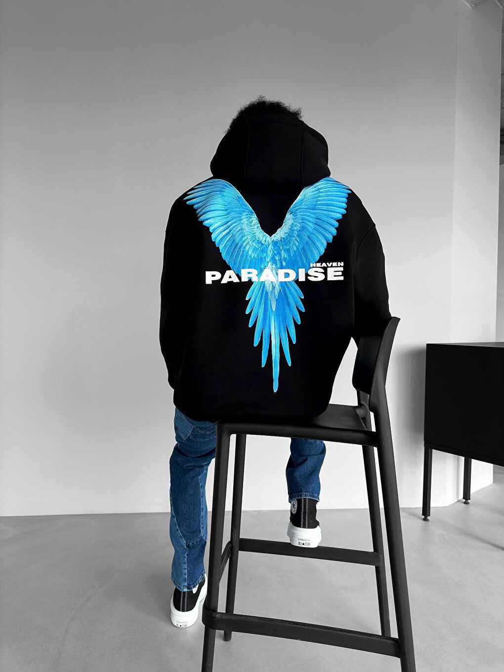 ablukaonline Siyah Erkek Oversize Paradise Baskılı Hoodie Siyah