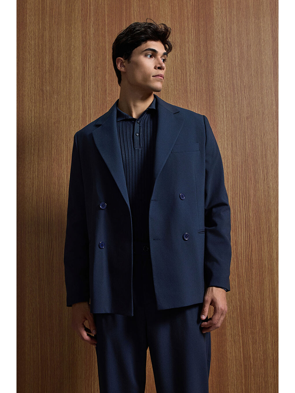 Erkek Oversize Rahat Kalıp Kruvaze Takım Elbise Lacivert-2