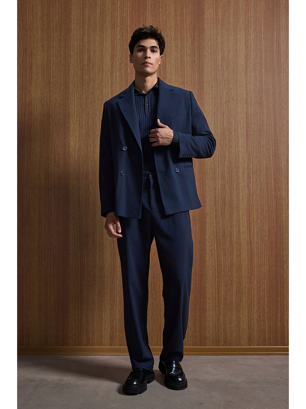 Erkek Oversize Rahat Kalıp Kruvaze Takım Elbise Lacivert-3