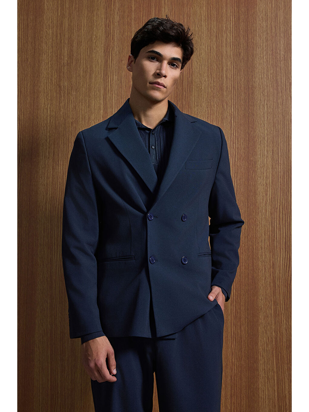 Erkek Oversize Rahat Kalıp Kruvaze Takım Elbise Lacivert