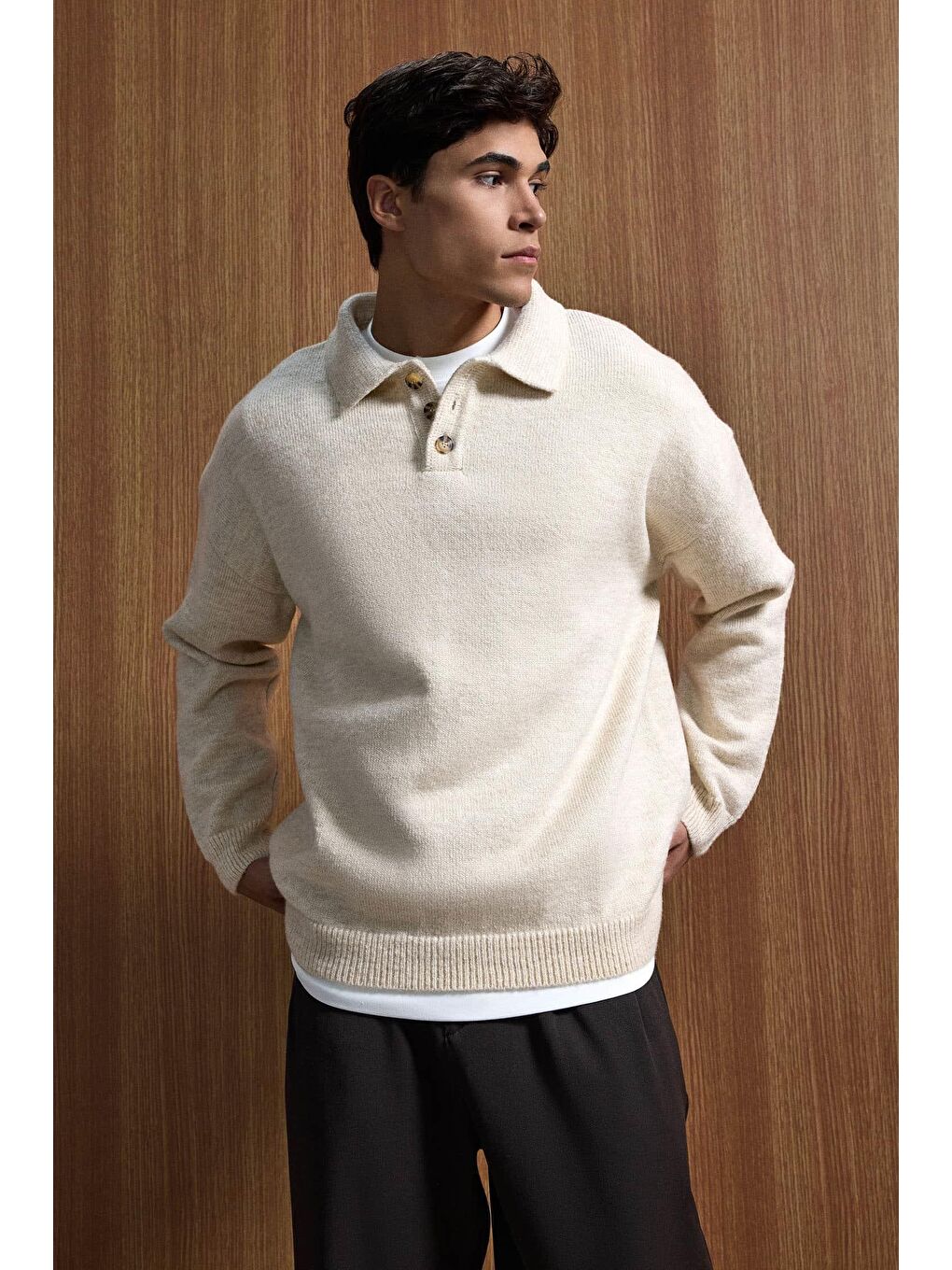 Erkek Oversize Düğmeli Triko Kazak Bej-2