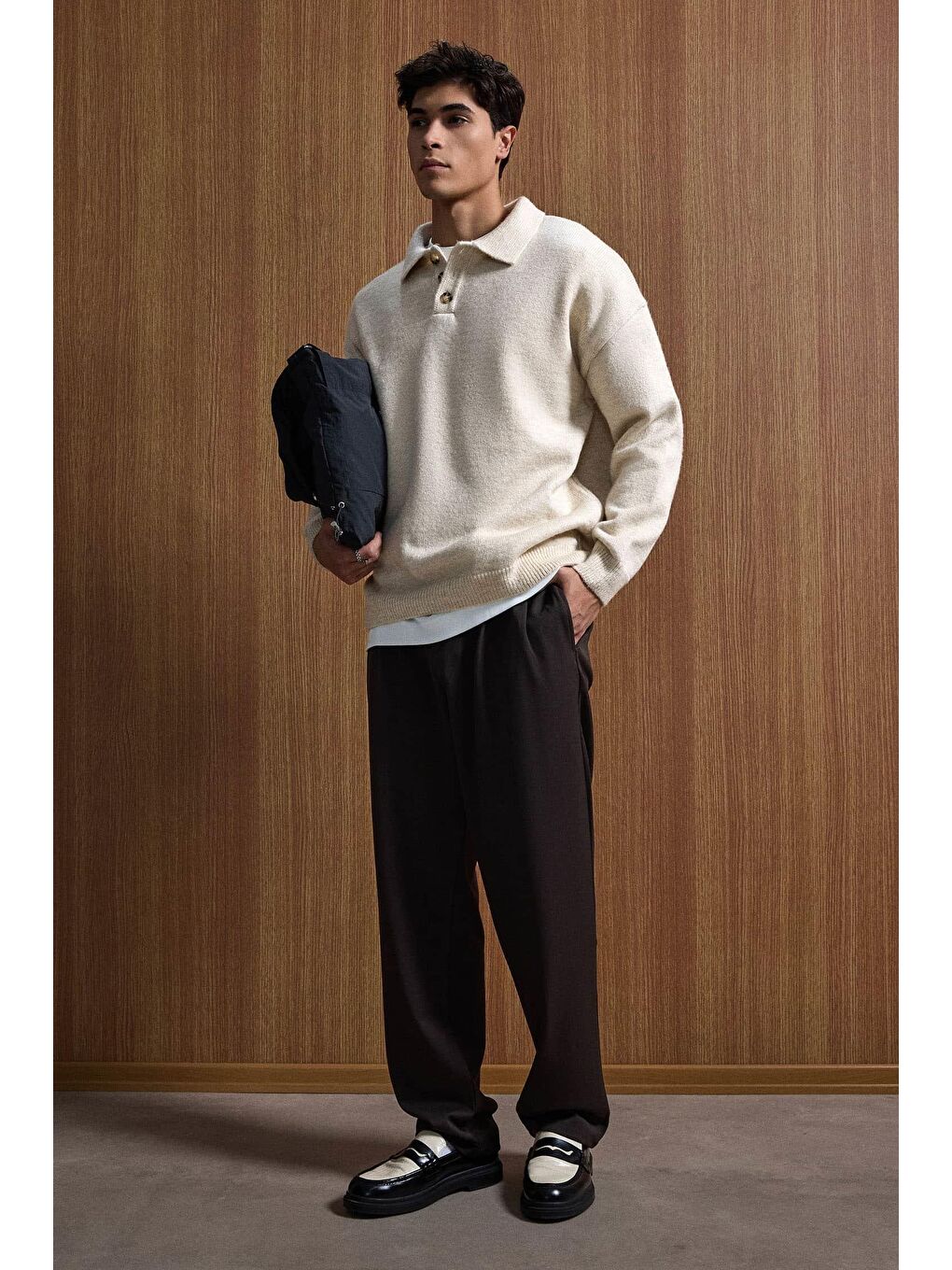 Erkek Oversize Düğmeli Triko Kazak Bej-3