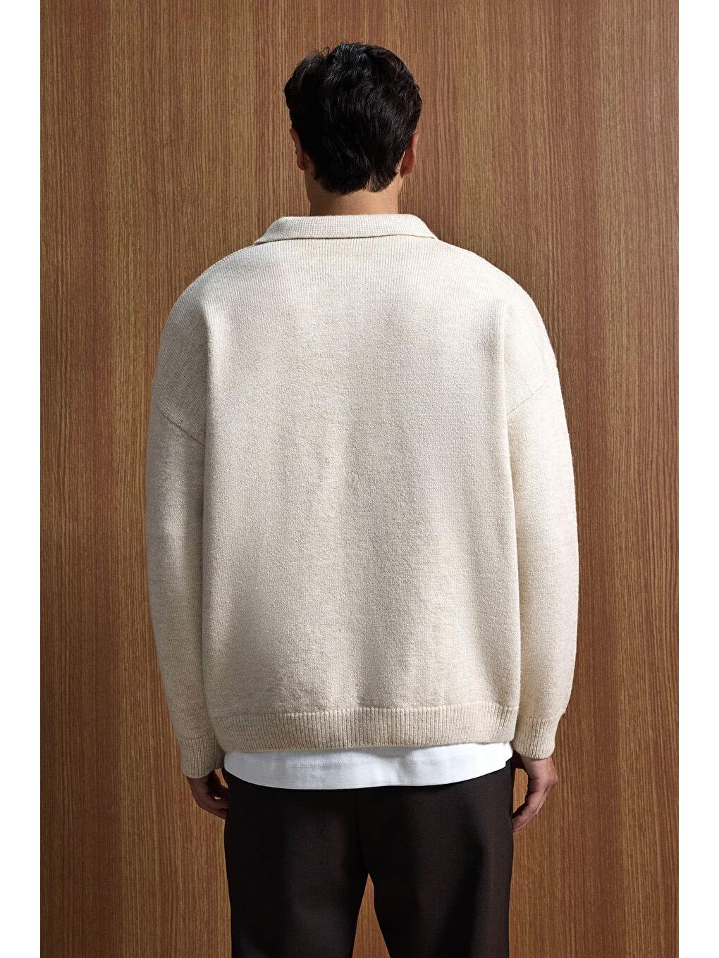 Erkek Oversize Düğmeli Triko Kazak Bej-4