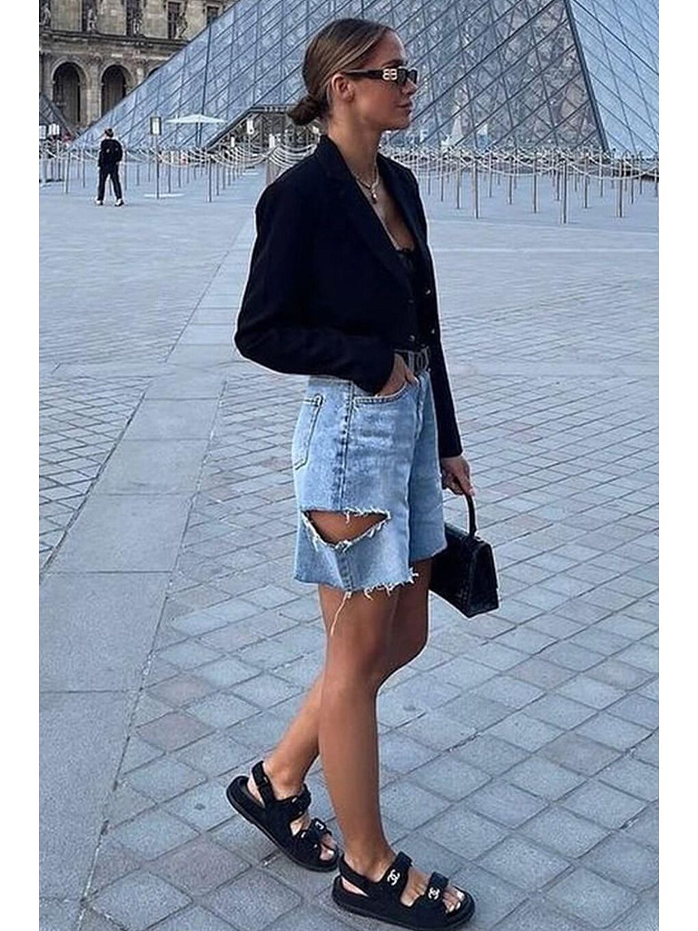 Mavi Yüksek Bel Yandan Yırtık Jean Şort-1