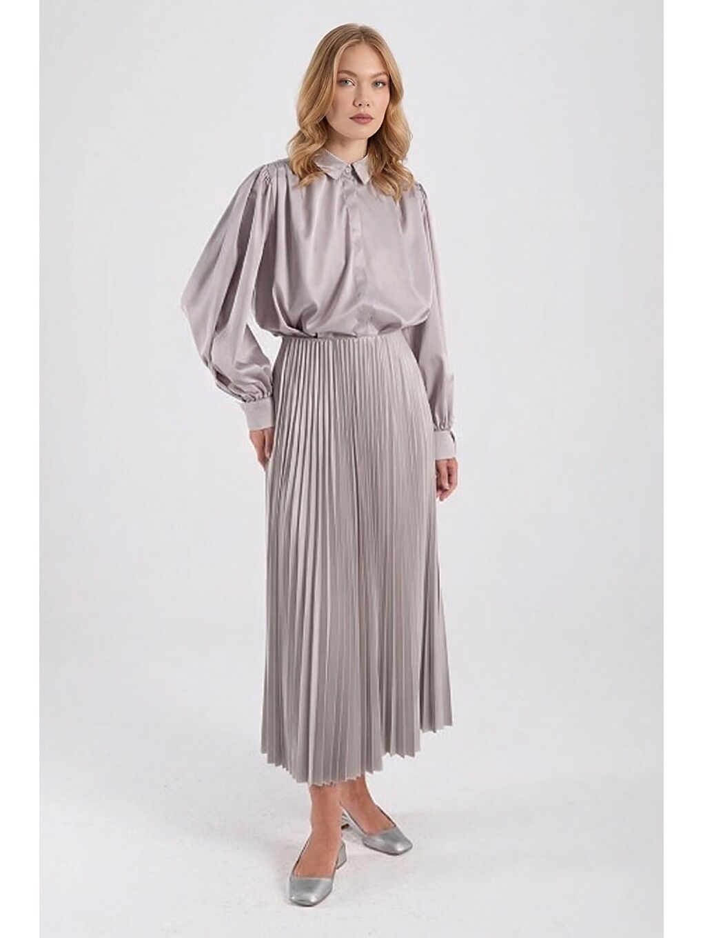 Gri Piliseli Beli Lastikli Etek-1