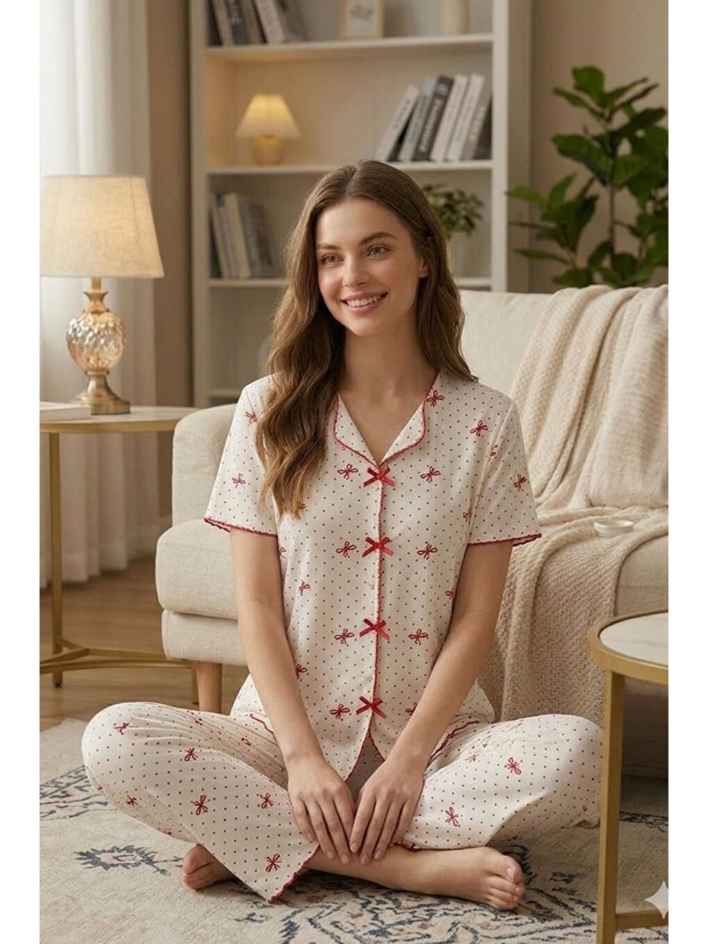 Kırmızı Fiyonk ve Puantiye Desenli V Yaka Pijama Takımı-1