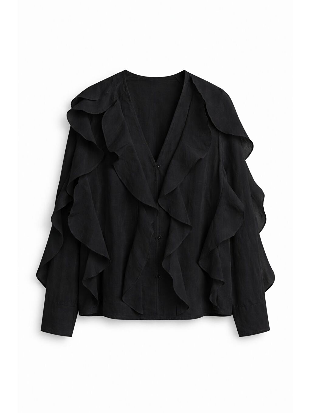 V Yaka Fırfırlı Transparan Gömlek Siyah-1