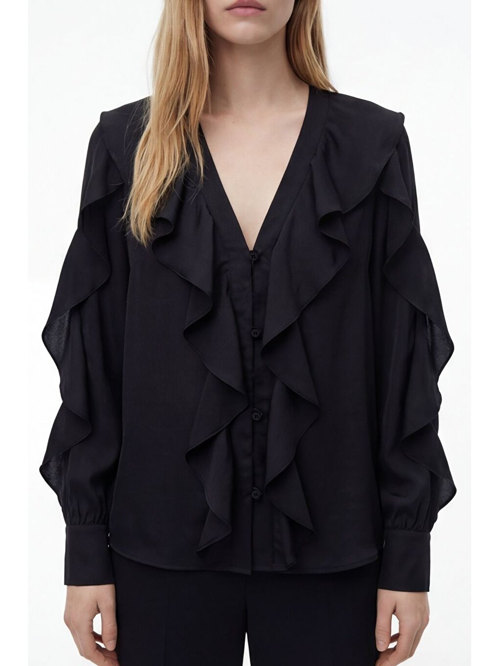 V Yaka Fırfırlı Transparan Gömlek Siyah-2