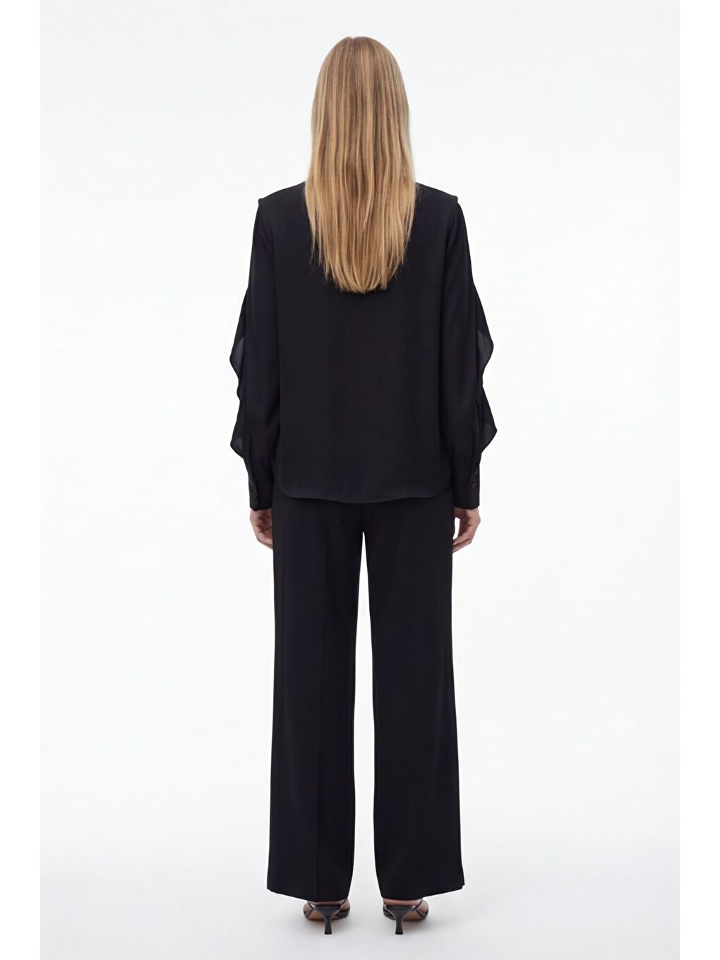 V Yaka Fırfırlı Transparan Gömlek Siyah-3