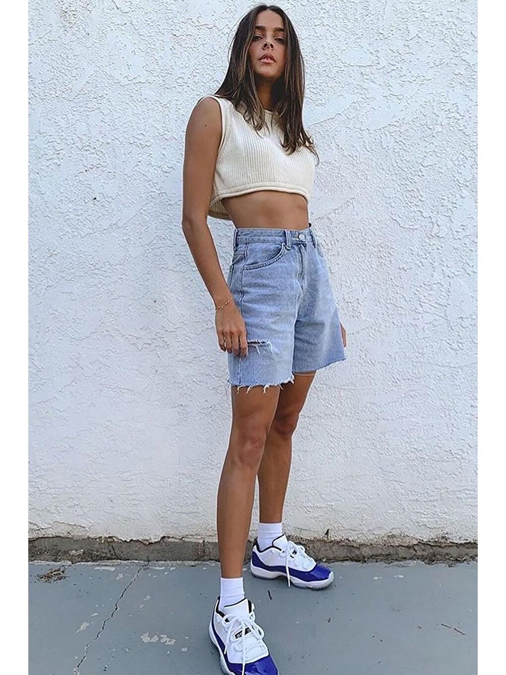 Mavi Yüksek Bel Yandan Yırtık Jean Şort-3