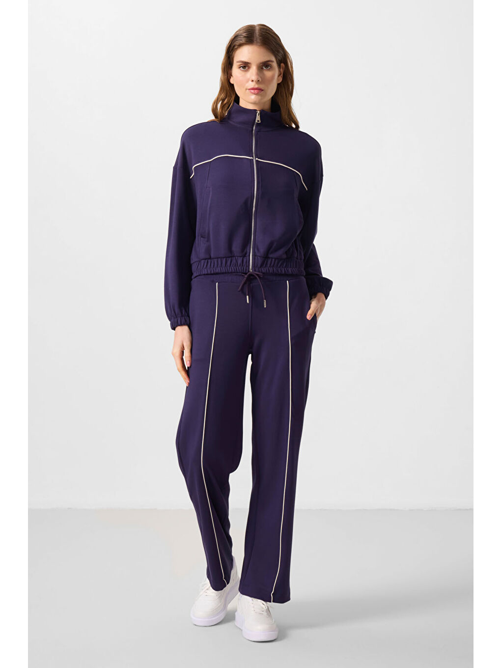 Koyu Mor Yumuşak Dokulu Dik Yaka Oversize Lastikli Kadın Eşofman Takım - 95349-1