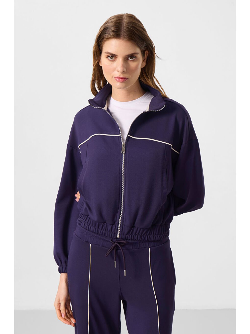 Koyu Mor Yumuşak Dokulu Dik Yaka Oversize Lastikli Kadın Eşofman Takım - 95349-3