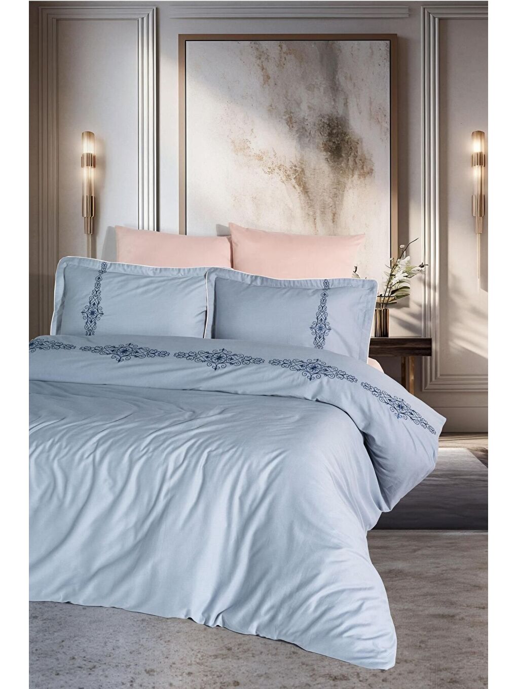 Mavi Nakışlı Pamuk Saten Çift Kişilik Nevresim Takımı Noble