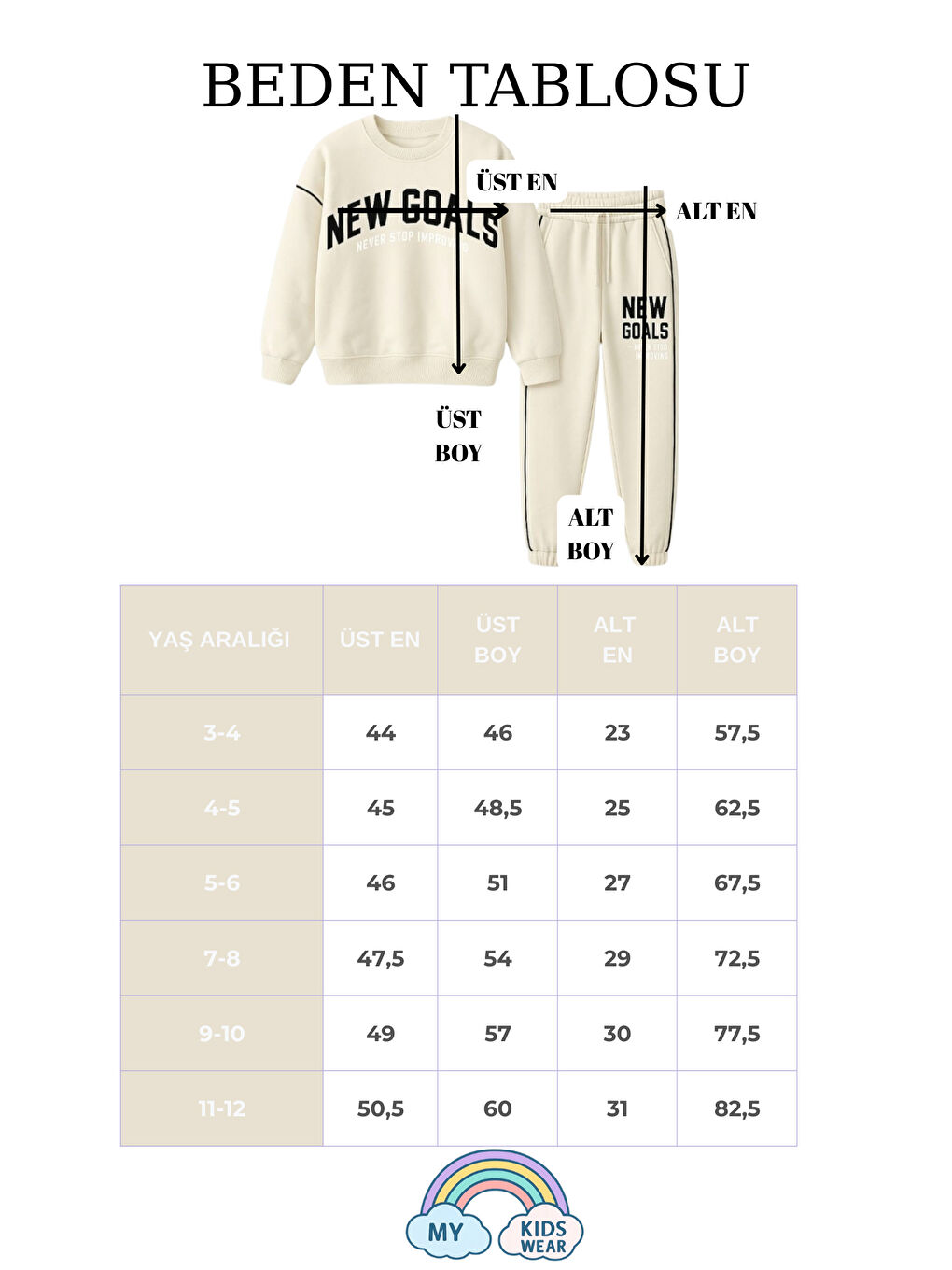 Ekru Unisex New Goals Baskılı Pamuklu 3 İplik Okul Eşofman Takımı 3-12 Yaş 12056-1