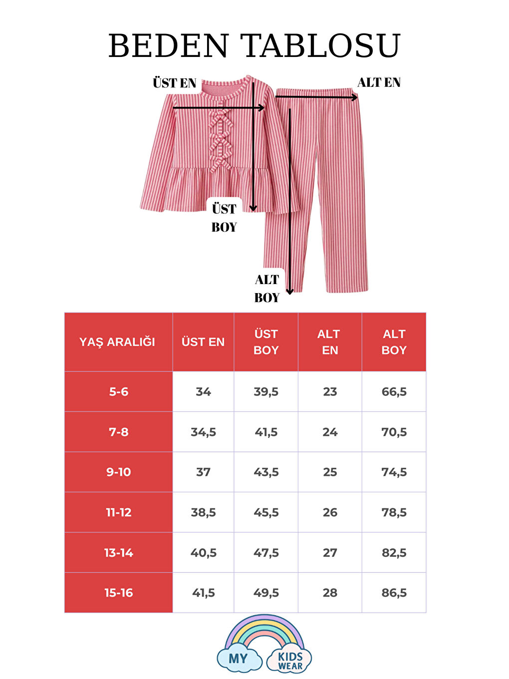 Fuşya Kız Çocuk Çizgili Fırfırlı Pijama Takımı 5-16 Yaş 12044-1