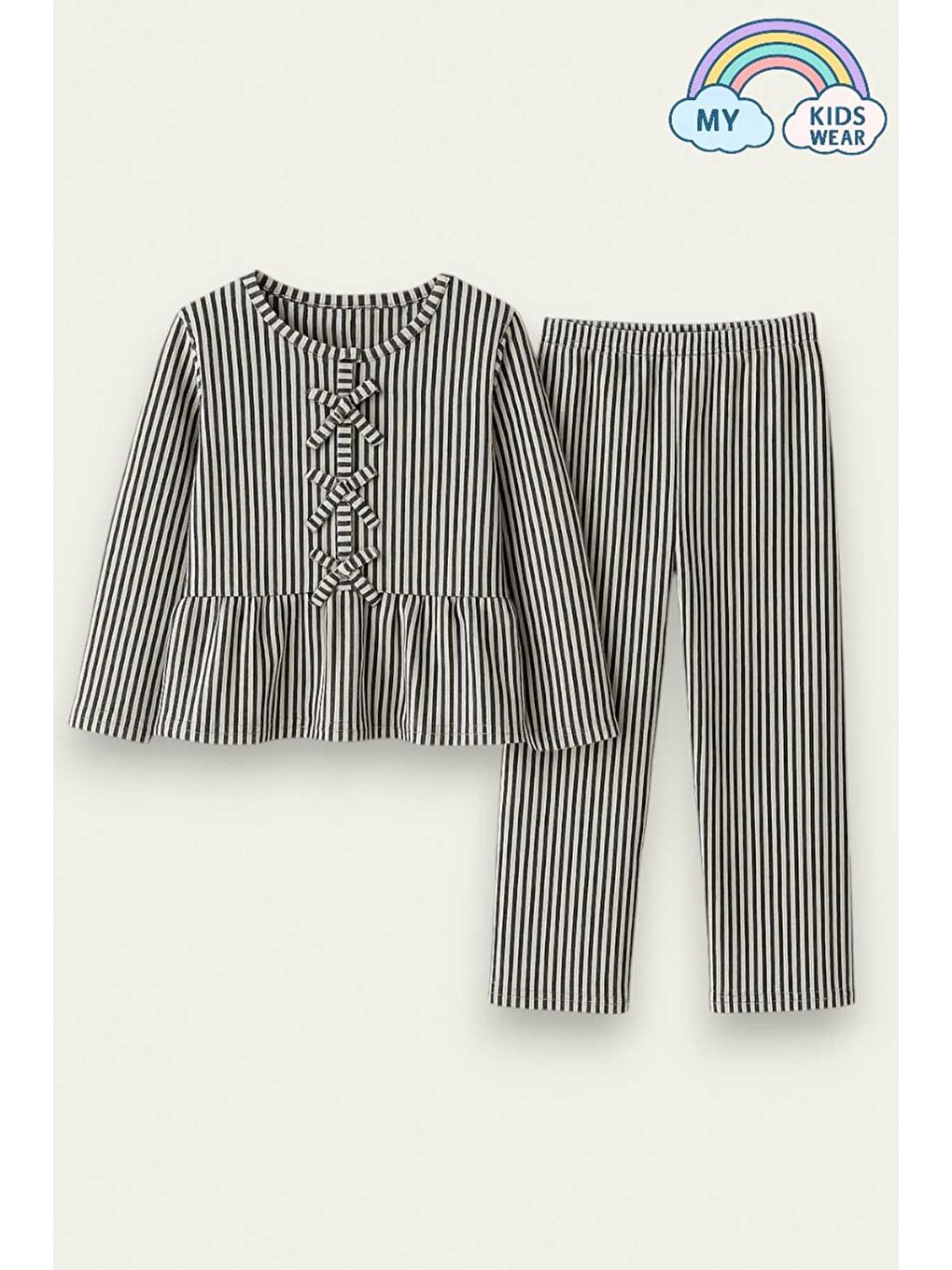 Siyah Kız Çocuk Çizgili Fırfırlı Pijama Takımı 5-16 Yaş 12046