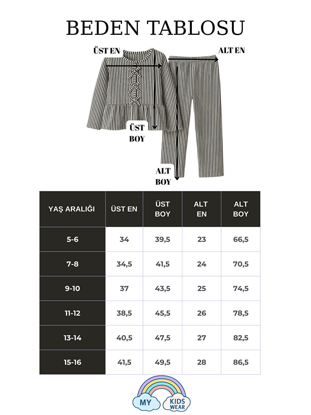 Siyah Kız Çocuk Çizgili Fırfırlı Pijama Takımı 5-16 Yaş 12046-1