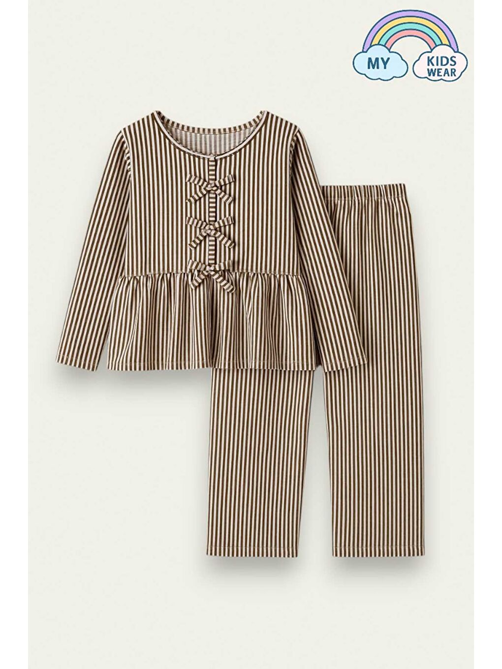Kahverengi Kız Çocuk Çizgili Fırfırlı Pijama Takımı 5-16 Yaş 12048