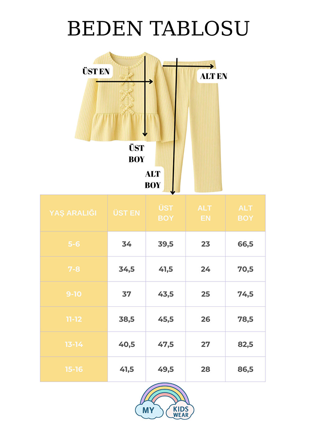 Sarı Kız Çocuk Çizgili Fırfırlı Pijama Takımı 5-16 Yaş 12045-1